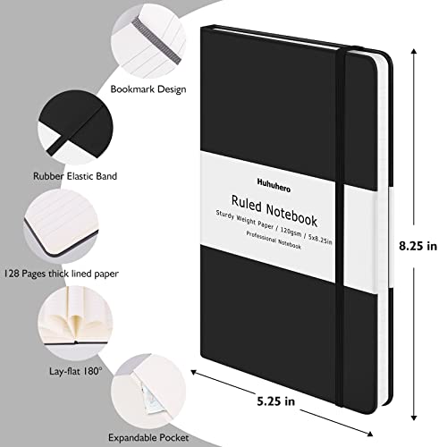 Huhuhero Lined Journal Notebooks for Work, Hardcover Leather Journals for Writing Women Men, 120Gsm Thick Paper College Ruled Notebook, Office School Supplies, 5.25"×8.25" (1, Matte Black) - color: black