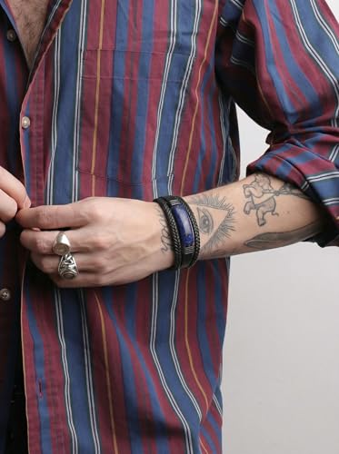 Mens Black Leather Obsidian/Turquoise/Tiger Eye/Red Agate Bracelet–Braided Multi‑Layer Wristband Cuff Bangle Bracelet with Stainless Steel Clasp Gift Jewelry Box Included - color: Lapis Lazuli, size: 9in(Fits larger wrists)