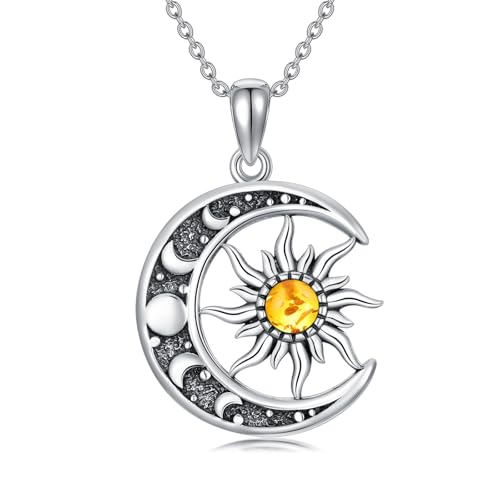 Sun and Moon Necklace 925 Sterling Silver Sun Moon Pendant Gemstone Jewelry Gifts for Women - style: Amber