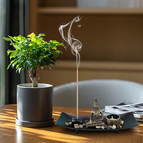 Zen Garden Set Buddha Statue, Tealight Candle Holder, Rocks & Incense Burner Holder & Wood Tray for Meditation, Office, Yoga Decor, Spiritual Decoration