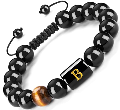 FRG Initials Bracelets for Men Letter Link Handmade Natural Black Onyx Tiger Eye Stone Beads Braided Rope Meaningful Bracelet - style: Braided rope-B