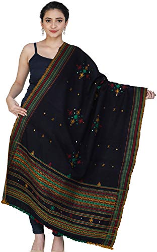 Exotic India Shawl from Kutch with Embroidered Bootis and Mirrors - Wool - color: Patriot Blue
