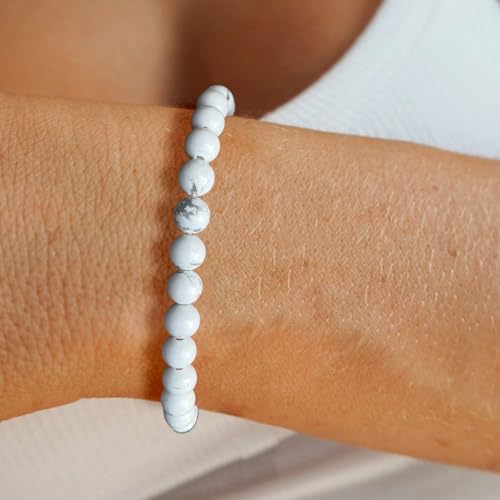 Crystal Beaded Bracelets for Women 4mm Clear Quartz Bead Handmade Gemstone Stretch Elastic Bracelet Natural Stone Crystal Healing Reiki Spiritual Jewelry Gifts - color: Howlite, size: 6mm