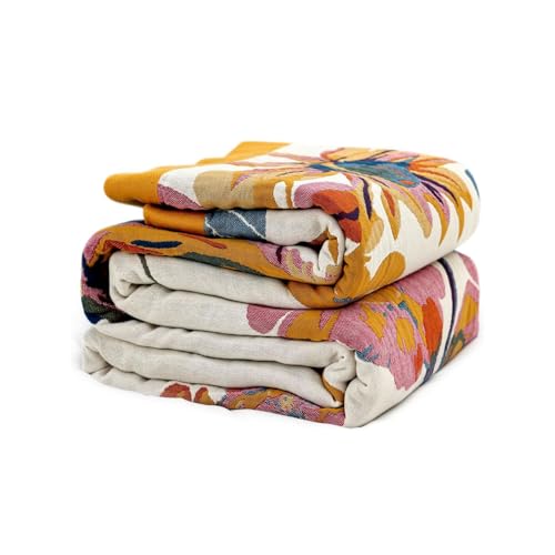 Boho Throw Blanket - 100% Cotton Soft Throw Blanket for Bed, 90"x90" Reversible Breathable Lightweight Summer Blankets, All Seasons Farmhouse Decor Floral Plant Butterfly Throw Quilt