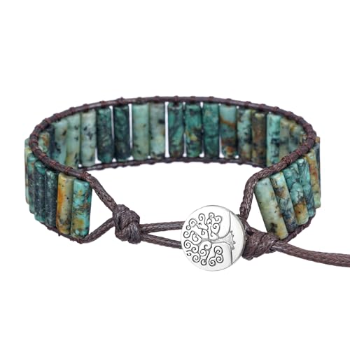 Women Boho Handmade Natural Stone Crystal Leather Bead Wrap Bracelets Collection - style: African Turquoise 1W