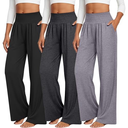 3 Pack Women's Wide Leg Yoga Pants Comfy Lounge Pants with Pockets Baggy Elastic Waist Joggers Ladies Open Bottom - color: Black, Smoky Gray, Dark Gray, size: Large