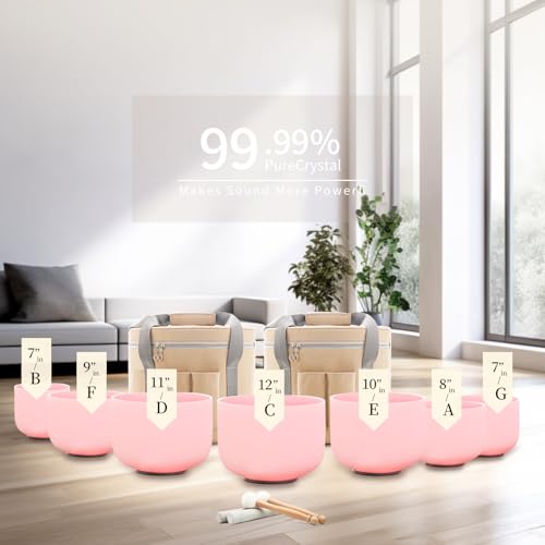 Hye-eun Pink Crystal Singing Bowls Set, 432hz Quartz Frosted Sound Bowl set of 7pcs with Carrying Case for Yoga Sound Healing Instruments - color: 432hz 7-12inch CDEFGAB Pink 7pcs