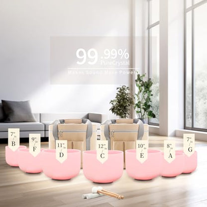 Hye-eun Pink Crystal Singing Bowls Set, 432hz Quartz Frosted Sound Bowl set of 7pcs with Carrying Case for Yoga Sound Healing Instruments - color: 432hz 7-12inch CDEFGAB Pink 7pcs