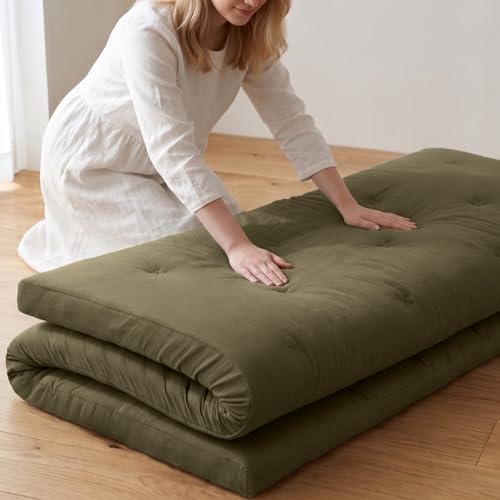 ZonLi Japanese Floor Futon Mattress Full Size 75"x 54", 100% Cotton Cover 4'' Thicken Tatami Mattress, Foldable Sleeping Pad, Portable Dormitory Tatami Mat, Roll Up Floor Lounger Bed for Adult - color: Winter Moss, size: Twin(75"L x 39"W x 4"Th)