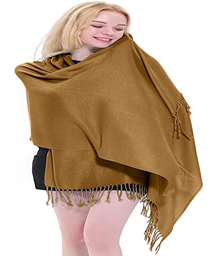 CJ Apparel Solid Color Tassels Design Nepalese Shawl Scarf Wrap Stole Throw Head Wrap Pashmina Gift Hand Made in Nepal New - color: Camel Brown
