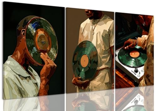 AOYUSMO 3 Piece African American Wall Art Black Men Wall Decor Fashion Music Pictures Record Canvas Art Music Studio Paintings Modern Trendy Artwork For Living Room Bedroom 16"x24" - color: Record White, size: 16x24in