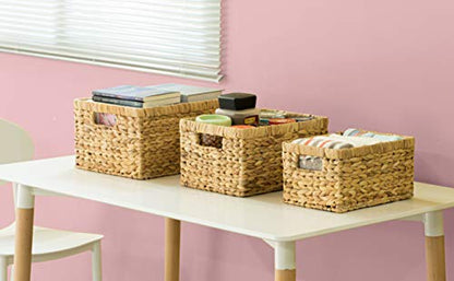 Natural Woven Water Hyacinth Wicker Rectangular Storage Bin Basket with Handles, Set of 3 - size: Set of 3