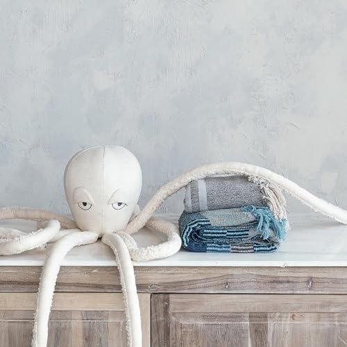 Creative Co-Op Striped Cotton Blend Throw with Fringe, Light Blue