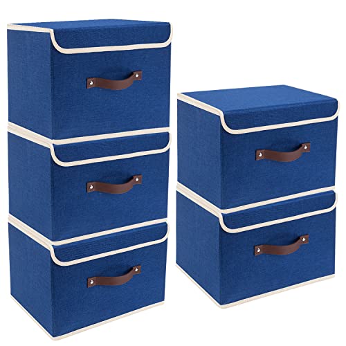Foldable Storage Boxes with Lids 5 Pack Fabric Storage Bins with Lids, Closet Organizers for Clothes Storage, Room Organization, Office Storage, Toys - Classic Blue - color: Classic Blue, size: 5-pcs 14.9x9.8x9.8 in