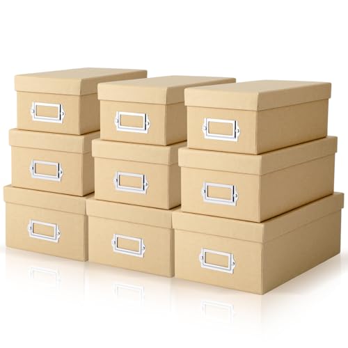 9 Pcs Kraft Storage Boxes Rectangle Stacking Boxes with Lids and Cardboard Organizers with Gold Label Holders for Home Decor and Organizing(Khaki) - color: Khaki