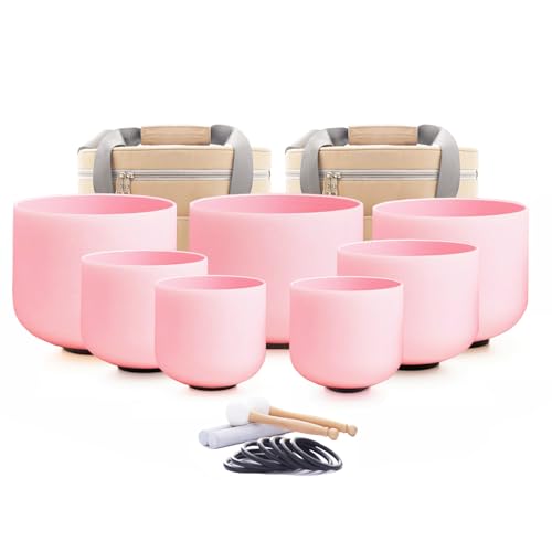 Hye-eun Pink Crystal Singing Bowls Set, 432hz Quartz Frosted Sound Bowl set of 7pcs with Carrying Case for Yoga Sound Healing Instruments - color: 432hz 7-12inch CDEFGAB Pink 7pcs