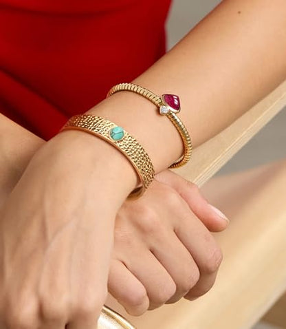 18K Gold Plated Open Cuff Bangle for Women Statement Brushed/Hammered/Textured Bracelet Layering Jewelry Love Gift for Her - style: Green-blue Turquoise Bangle