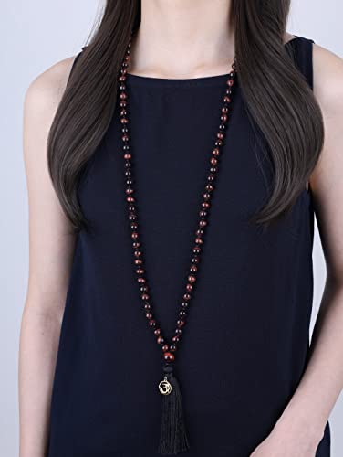 COAI OM Charm Hand Knotted Tassel 108 Mala Beads Necklace - color: Red Tiger Eye, size: 8mm