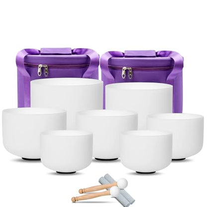 Hye-eun 432Hz White Frosted Crystal Singing Bowls Set 7-12Inch 7PCS Quartz Chakra Sound Bowls for Meditation Sound Healing Yoga Reiki with 2 Purple Carrying Bags - color: 7-12inch 432hz White 7pcs
