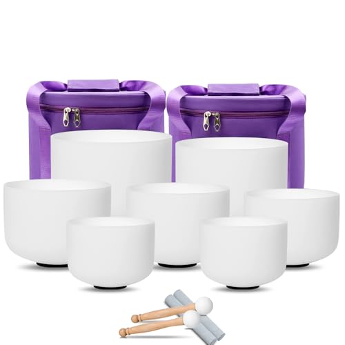 Hye-eun 432Hz White Frosted Crystal Singing Bowls Set 7-12Inch 7PCS Quartz Chakra Sound Bowls for Meditation Sound Healing Yoga Reiki with 2 Purple Carrying Bags - color: 7-12inch 432hz White 7pcs