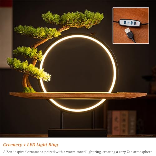 Zen Shakyamuni Buddha Statue with LED Light Ring, Bonsai Tree Decorative Buddha Figurine Set with Sturdy Metal Frame, USB-Powered Meditating Home Decor(Green)