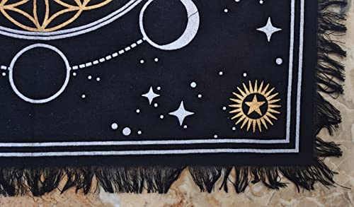 INDACORIFY Moon Phases Altar Table Top Cloth with Fringes Alter Tarot Witchcraft Spread Table Cloth Meditational Cloth 18x18 in (Gold & Silver Moon Phases with Flower of Life) - color: Gold & Silver Moon Phases With Flower of Life