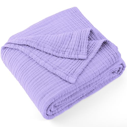 Carriediosa 100% Cotton Muslin Throw Blanket 66" X 90" Twin XL Size，4-Layers Summer Gauze Throws for Bed Couch，Soft Lightweight Breathable Linen Blankets Bedspread for Adults All Season，Light Purple - color: Light Purple, size: Twin XL