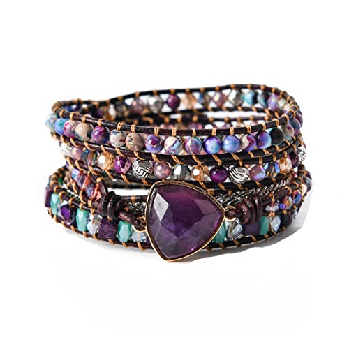 YGLINE Handmade Amethyst Boho Wrap Bracelets for Women-Healing Natural Stone Beads Crystal Bracelets for Women(Amethyst) - color: Amethyst 4