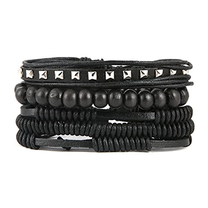 HZMAN Wrap Bracelets Men Women, Hemp Cords Wood Beads Ethnic Tribal Bracelets, Leather Wristbands - style: Wooden bead style 7