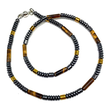 Healing Stress Anxiety Meditation Grounding Energy Gemstone Necklace Series - color: Tiger Eye & Hematite -4 mm- Stone Tube Beads