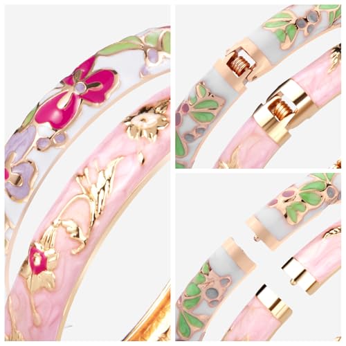 UJOY Classic Cloisonne Bracelets Enamel Jewelry Plated Bamboo Flower Cuff Metal Bangle for Women Gift Box - color: A100-Flower-Pink and White
