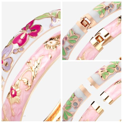 UJOY Classic Cloisonne Bracelets Enamel Jewelry Plated Bamboo Flower Cuff Metal Bangle for Women Gift Box - color: A100-Flower-Pink and White