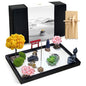 Zen Garden for Desk Decor - Premium Beautiful Japanese Mini Zen Sand Garden Kit Box for Home, Office Desk with Black Wooden Tray, White Sand, Tools, Red Gate, Buddha - Desktop Set