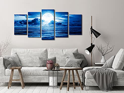 Pyradecor Blue Clouds Canvas Prints Wall Art Moon Sea Beach Pictures Paintings Ready to Hang for Living Room Bedroom Home Decor Modern 5 Piece Stretched Landscape Artwork - size: 10x16inchx2pcs,10x20inchx2pcs,10x24inchx1pc
