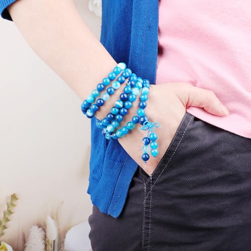 AD Beads 6mm 8mm 108 Prayer Mala Jasper Elastic Bracelet - Handmade Yoga Meditation Healing Power Energy Gifts for Unisex Adult. - color: Blue Stripe Agate(Soothing)
