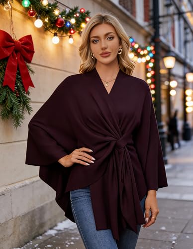 PULI Women's Elegant Shawl Wraps Soft Open Front Poncho Sweater for Spring Fall Winter - color: Front Tab-burgundy