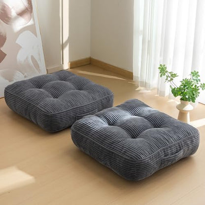 HIGOGOGO 6" Extra Thick Floor Pillow Cushion for Adults, Meditation Cushion Pillow, Large Square Floor Sitting, Tufted Corduroy Cover, for Tatami Living Room or Yoga, 22x22 Inch, 2Pack, Dark Grey