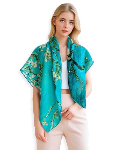 PoeticEHome Cashmere Scarf Wrap 36"x36" - Featherlight & Wrinkle-Free Artistic Square Shawl for Travel & Office, Gift Ready - color: Branches With Almond Blossom - 36"