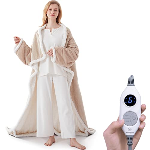 Westinghouse Electric Snuggle Throw Blankets with Foot Pocket, Wearable Heated Throw with Sleeves, 6 Heating Levels & 2 to 10 Hours Heating Time Settings, 50 * 70"+18", Beige - color: Beige&ivory, size: 70*50" Heated Snuggle Blanket