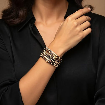 Fesciory Leopard Bracelet for Women, Boho Leather Wrap Multi-Layer Pearl Crystal Bracelet Bangle Jewelry - style: Brown Leopard
