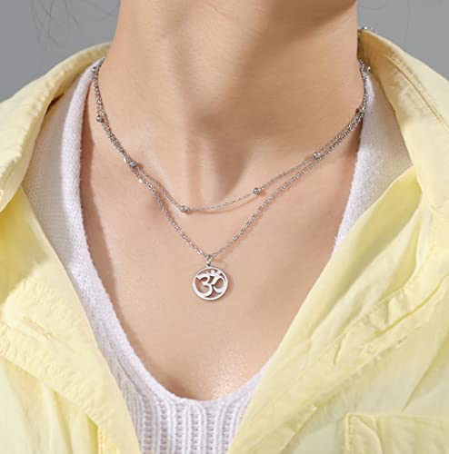 UNIFT Necklace For Women- Aum Om Ohm Sanskrit Symbol Round Pendant Beaded Double Layer Chain Charm Necklace,Hinduism Yoga Sanskrit Personalized Amulet Dainty Pendant Necklace Jewelry - color: silver