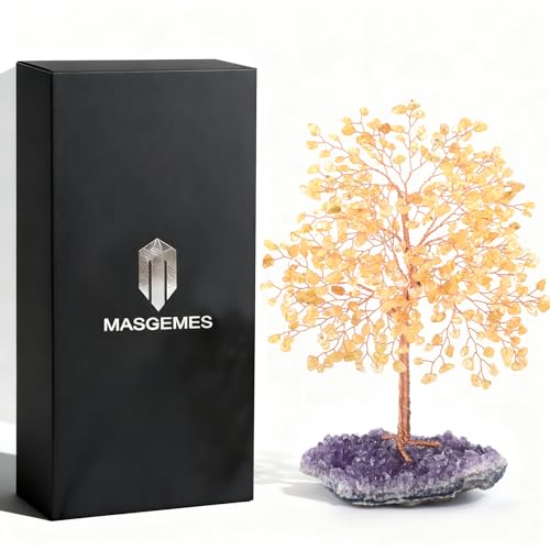 Gemstone Crystal Tree of Life,Natural Citrine(406 Stones Count) with Amethyst Cluster Base,Chakra Healing Crystals Positive Energy Fengshui Bonsai Money Tree Gift 8.5"-9"