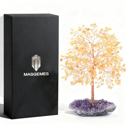 Gemstone Crystal Tree of Life,Natural Citrine(406 Stones Count) with Amethyst Cluster Base,Chakra Healing Crystals Positive Energy Fengshui Bonsai Money Tree Gift 8.5"-9"