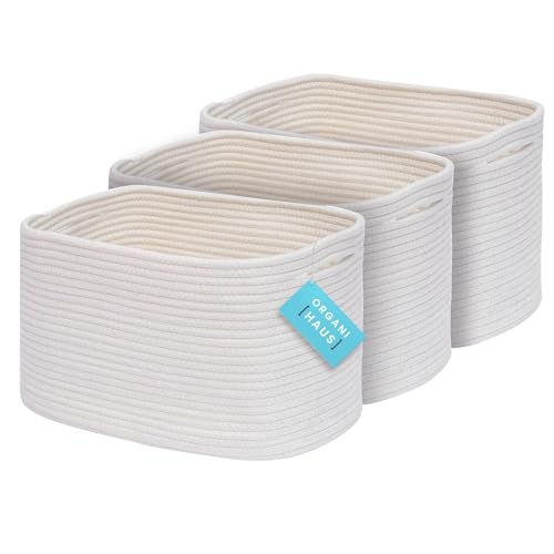 Off-White Cotton Rope Baskets for Shelves, Set of 3-15"×10"×9½" - Woven Storage Baskets for Organizing - Closet, Nursery, Bedroom, Playroom - Toys, Books, Towels, Clothes - color: Full Off-White