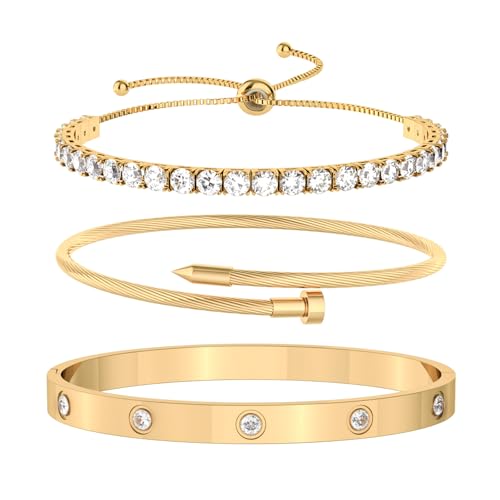 PCY Gold Bracelets For Women,3PC Bangle Gold Plated Bracelets For Women,Trendy Statement Cuff Stackable Bangles Set,Fashion Jewelry for Women. - size: Large