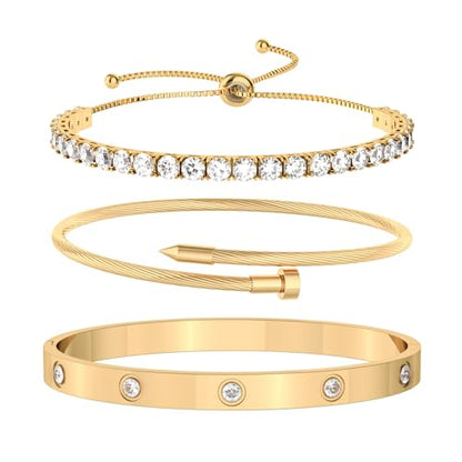 PCY Gold Bracelets For Women,3PC Bangle Gold Plated Bracelets For Women,Trendy Statement Cuff Stackable Bangles Set,Fashion Jewelry for Women. - size: Small