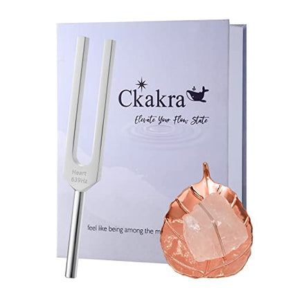 Ckakra Solfeggion Tuning forks with Natural Crystal Kit,Mindfulness Meditation Accessories,Rose Quartz,Calming Tools,639hz Heart Chakra,Bodhi Leaf - color: Heart Chakra