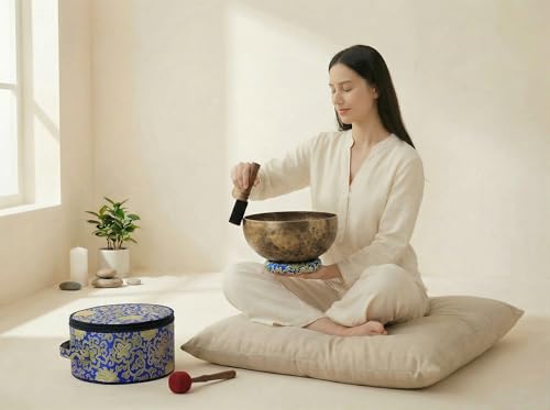 Large Tibetan Singing Bowl Set — 10 Inch Hand-Hammered Singing Bowl, 7 Metal Alloy, 2 Mallets, Blue Silk Cushion and Carry Bag, Deep Tone Sound Bowl for Sound Bath Healing Chakra Meditation