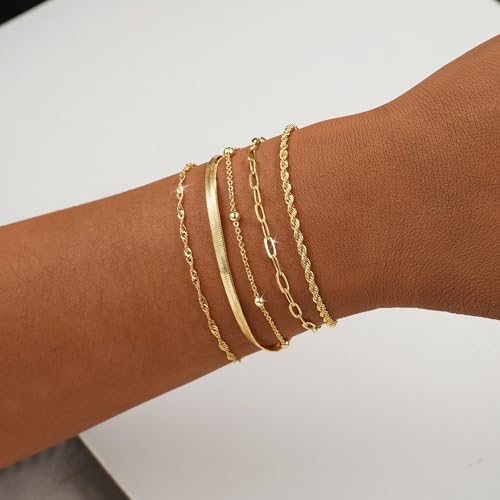 BERISO Gold Bracelets for Women, Elegant Adjustable 14K Gold Plated Bracelet for Women, Trendy Minimalist Dainty Gold Bracelet for Everyday Wear - style: 5layer B0047-GD