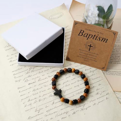MILAKOO Wooden Bracelet with Black Stainless Steel Cross Charms Bead Christian Gifts for Women Men - color: B5